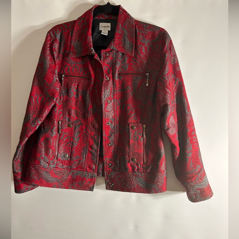 CHICO’S COTTON & LYOCELL BURGUNDY AND GREY PAISLEY SNAP BUTTON JACKET WOMEN’S 1